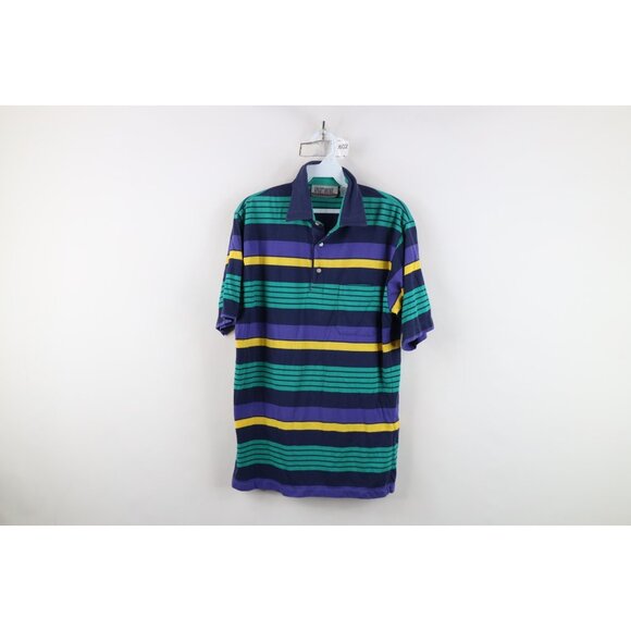 Vtg 90s Streetwear Mens Medium Faded Striped Color Block Knit Golf Polo Shirt - Picture 1 of 13